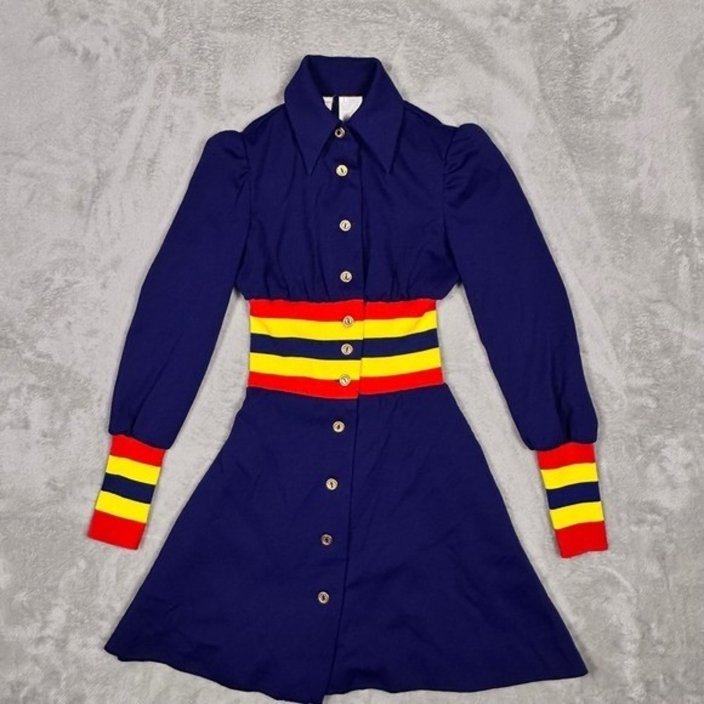 Vintage 70s Style Kids Dress Jacket Navy Blue Red Yellow Stripe Trim – ILGWU Tag